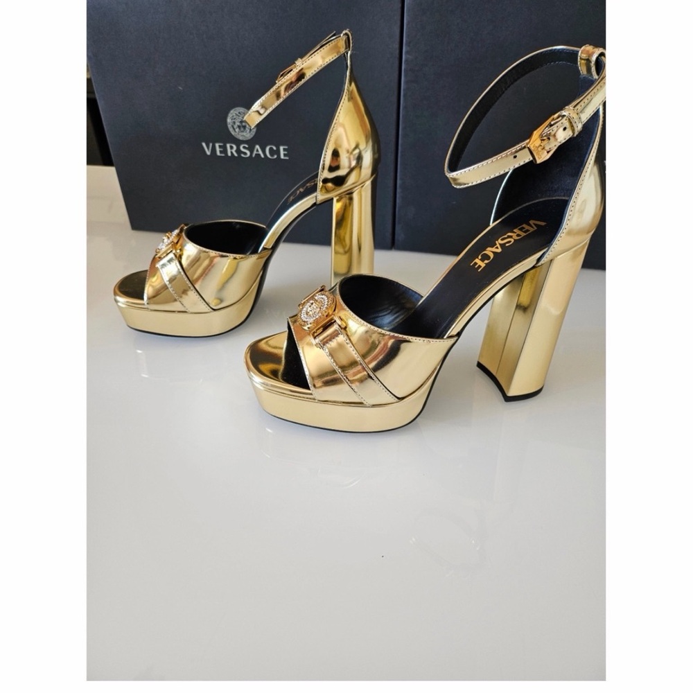 Versace Gold Block Heel Sandals - Picture 3 of 8
